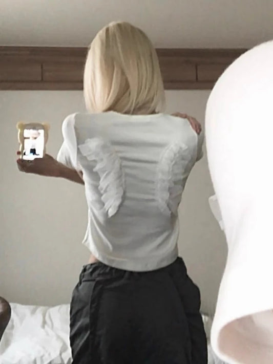 Lace Angel Wings Black White O-Neck T-shirts SA279