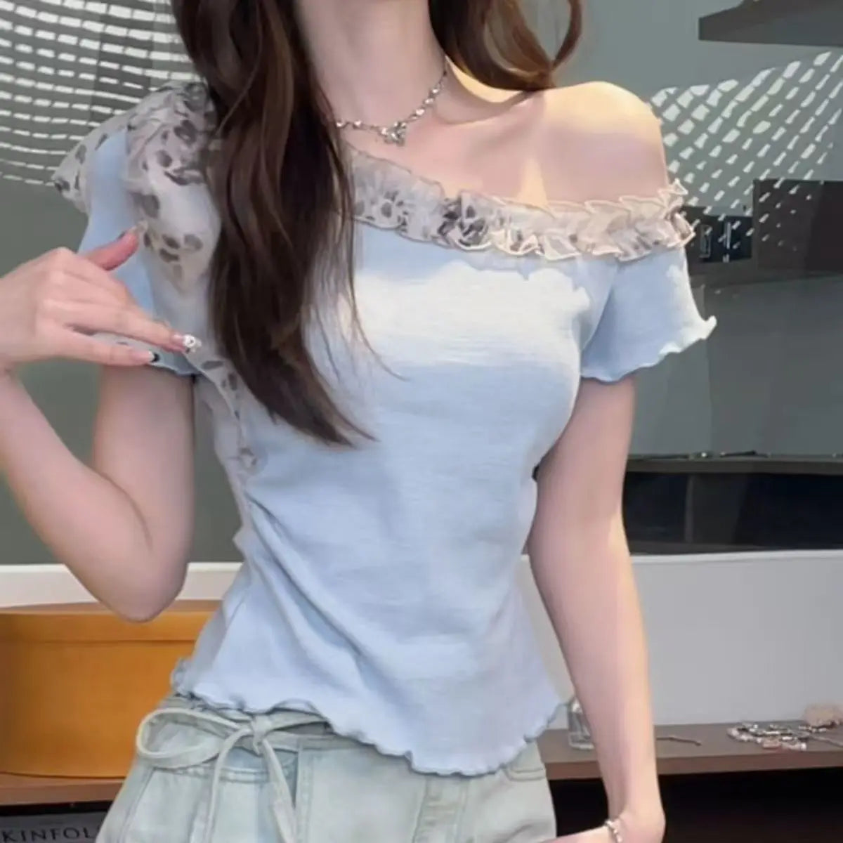 Floral Ruffle Short-sleeved Top SA847