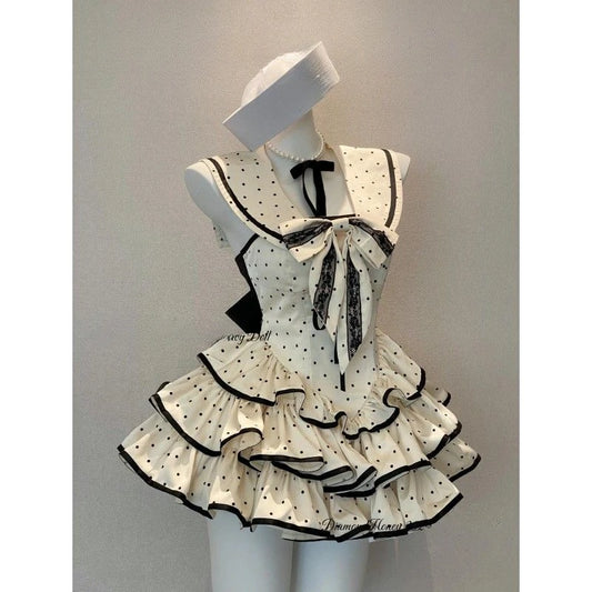 Polka Dot Print Sailor Collar Backless Dresses  SA742