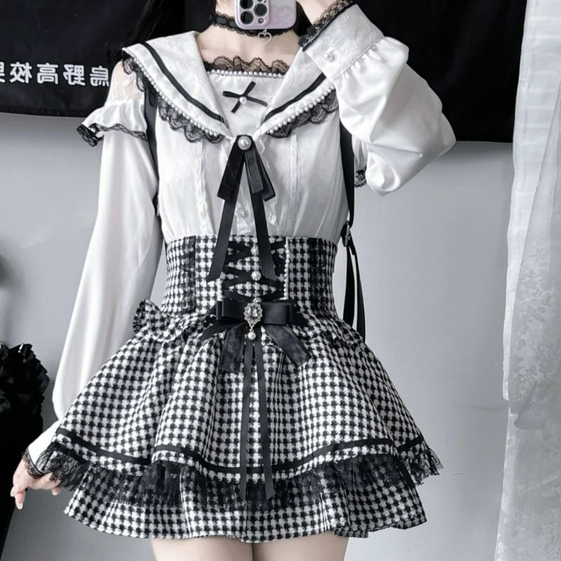 Kawaii Lace Ruffles Sailor Collar Bow Slim Blouse SA743