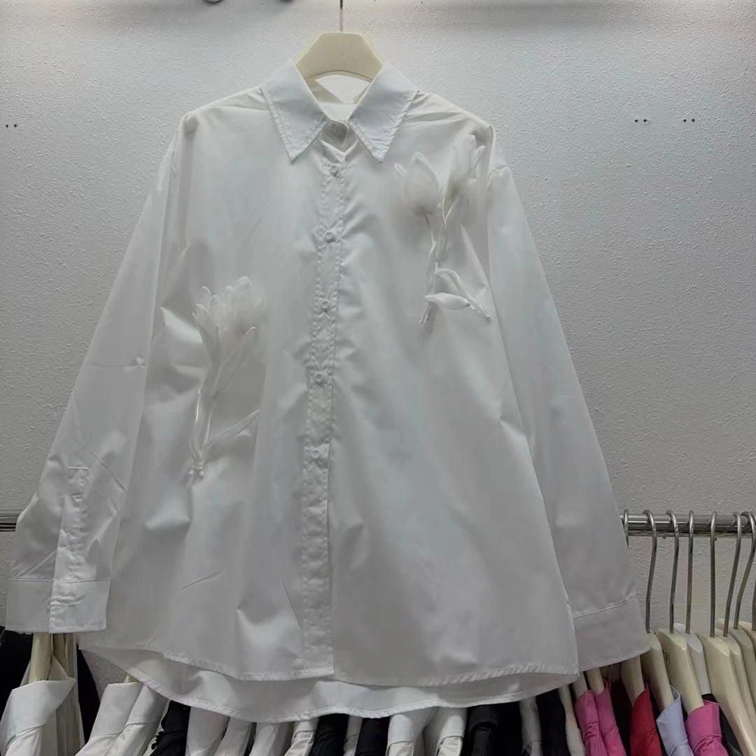 Neploe New Moda Turn-down Collar Long Sleeve Solid Shirt Single Breasted Bow 3D Flower All-match Blouses Summer Casual Fresh Top