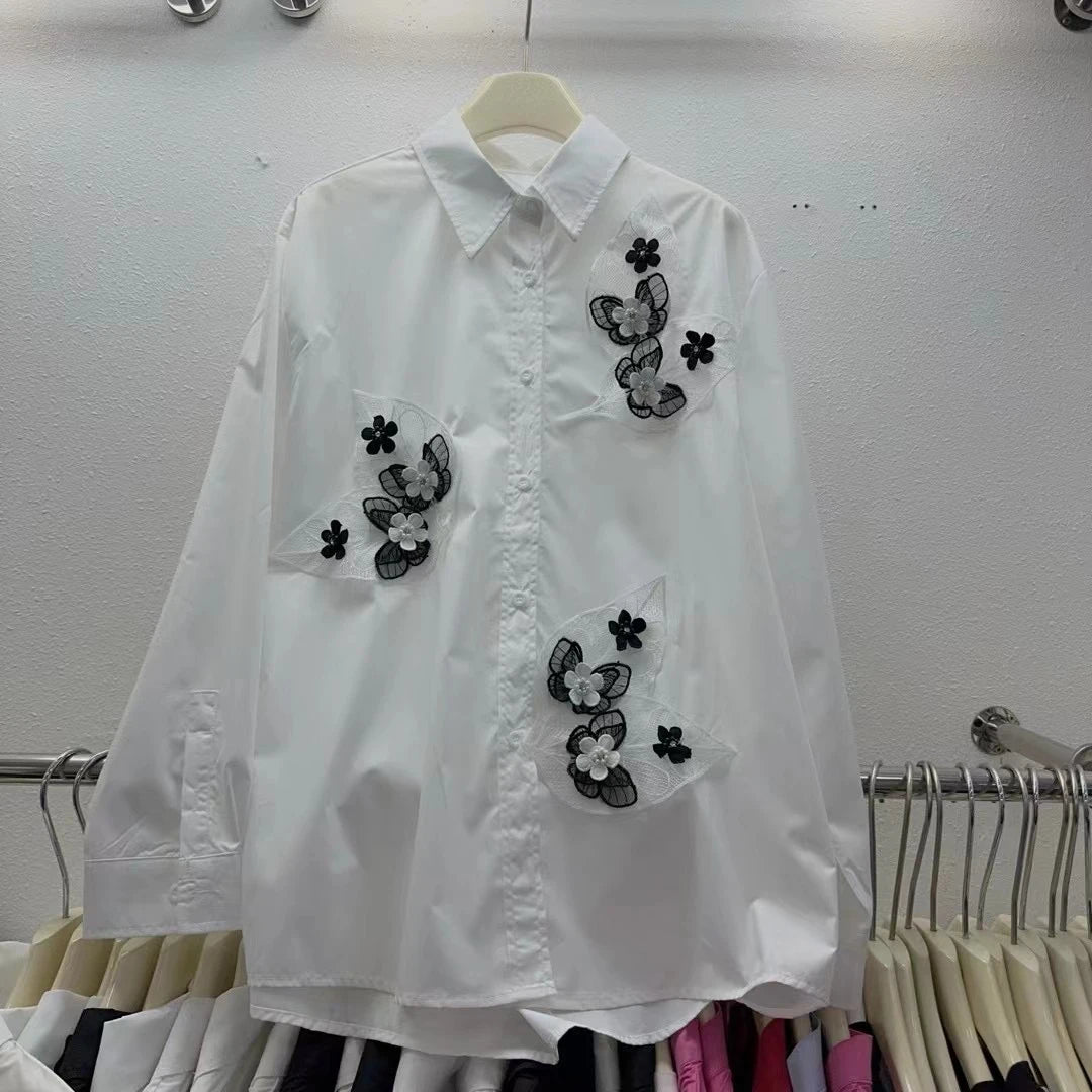 Neploe New Moda Turn-down Collar Long Sleeve Solid Shirt Single Breasted Bow 3D Flower All-match Blouses Summer Casual Fresh Top