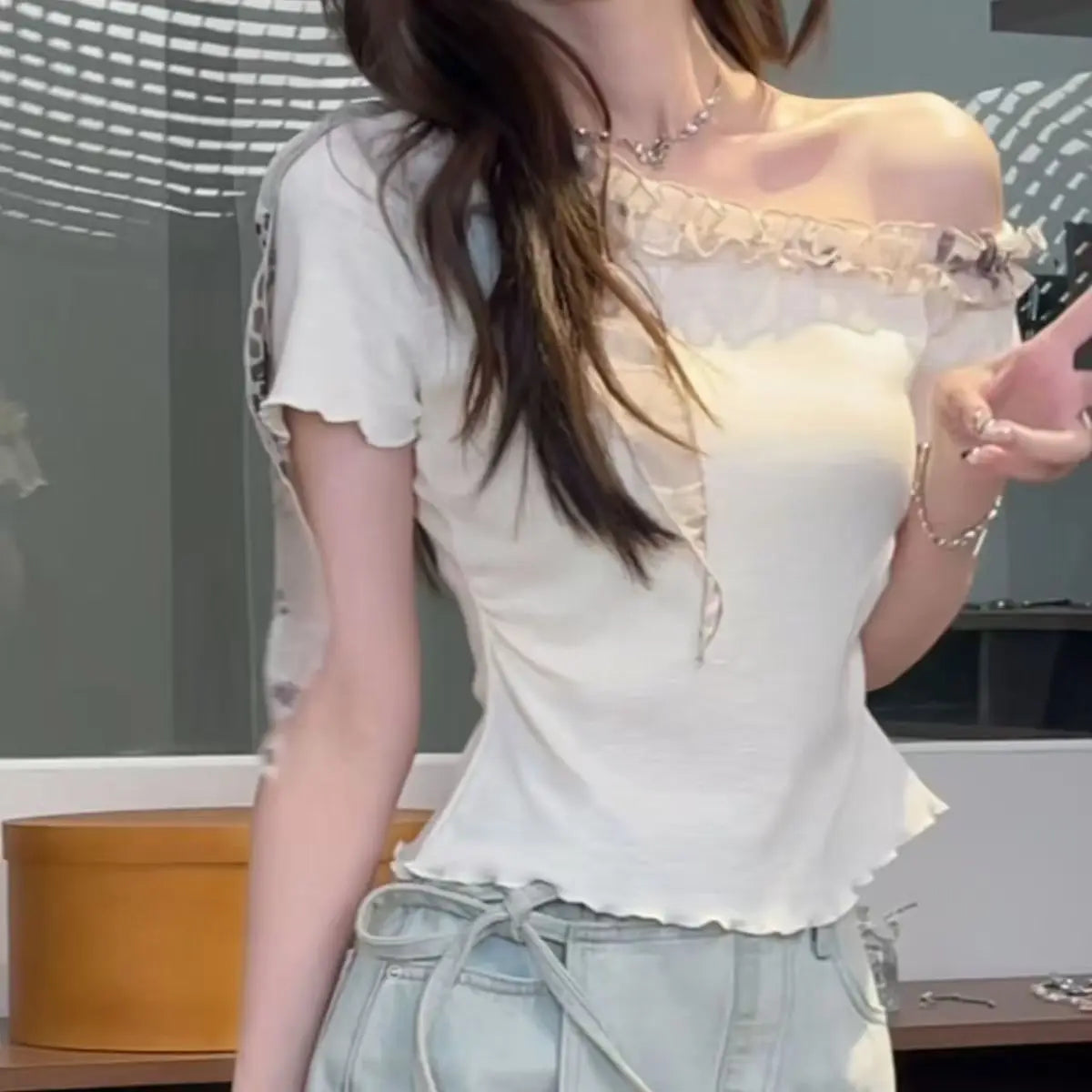 Floral Ruffle Short-sleeved Top SA847