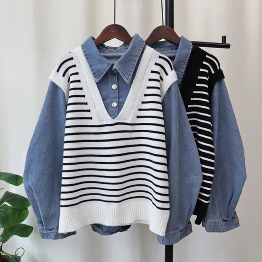 Hit Color Striperopa Mujer 2024 Woman Sweater Patchwork Denim Roupas Feminina Fake Two Piece Tops Autumn Winter New Outerwears