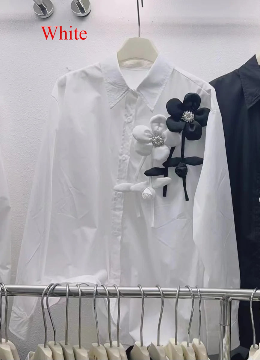 Neploe New Moda Turn-down Collar Long Sleeve Solid Shirt Single Breasted Bow 3D Flower All-match Blouses Summer Casual Fresh Top