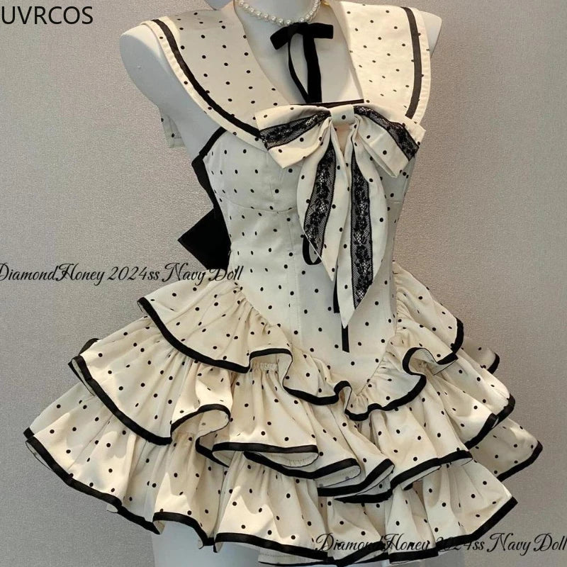 Polka Dot Print Sailor Collar Backless Dresses  SA742