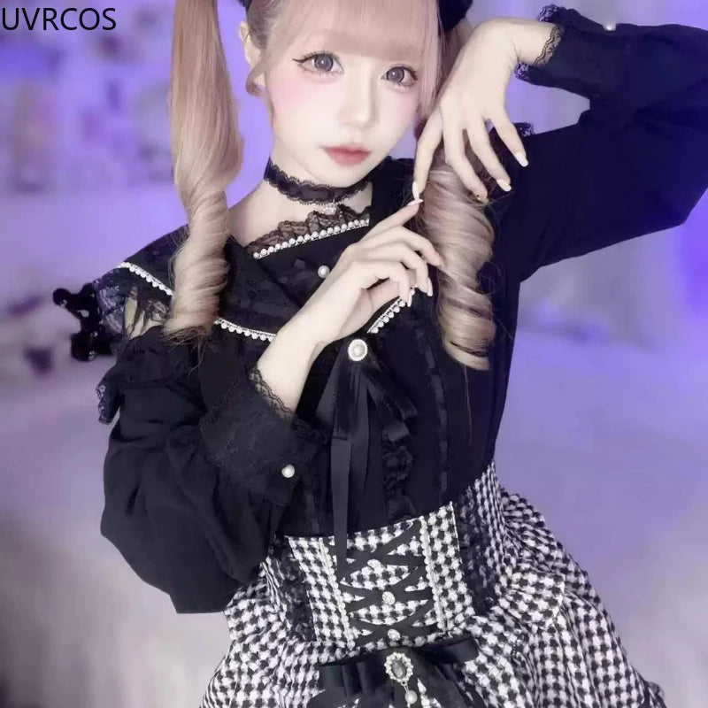 Kawaii Lace Ruffles Sailor Collar Bow Slim Blouse SA743