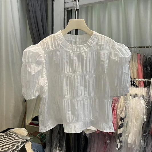 Vintage Sweet O-neck Ruched Shirts Women SA340