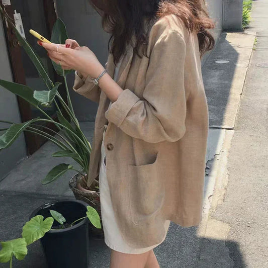 Korean Retro Cotton Linen Solid Blazer SA267