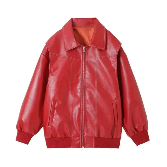 Casual All-match PU Leather Jackets Turn-down Collar Long Sleeve Loose Zipper Coats 2024 New Y2k Aesthetic Punk Outwears