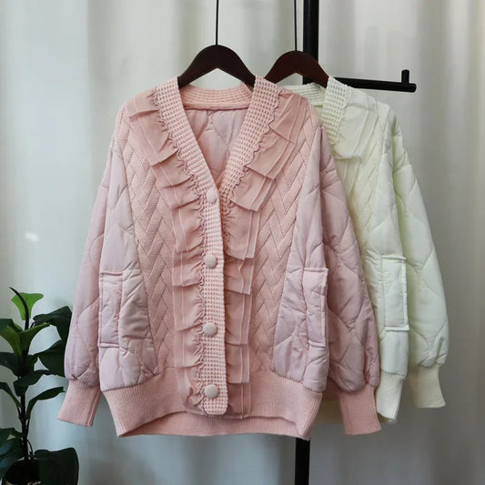 Patchwork Lace 2024 Woman Cardigan V-neck Long Sleeve Ropa Mujer Single Breasted Outerwears Autumn Winter Sweater Cardigans