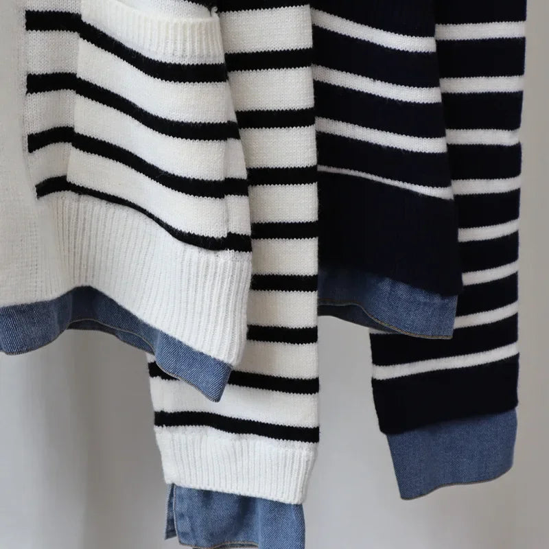 Spliced Denim 2024 Woman Cardigan Contrast Stripe Ropa Mujer Laple Neck Long Sleeve Outerwears Loose Sweater Autumn Cardigans