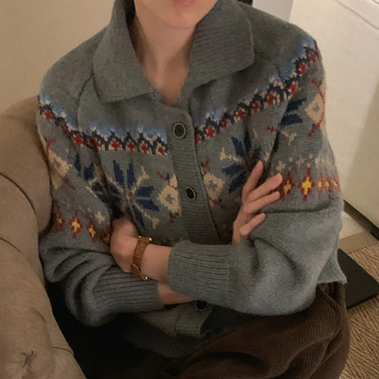 Vintage Jacquard Pattern Cardigan Turn Down Collar Outerwears 2024 Women Clothing Knitted Sweater Autumn Winter Cardigans