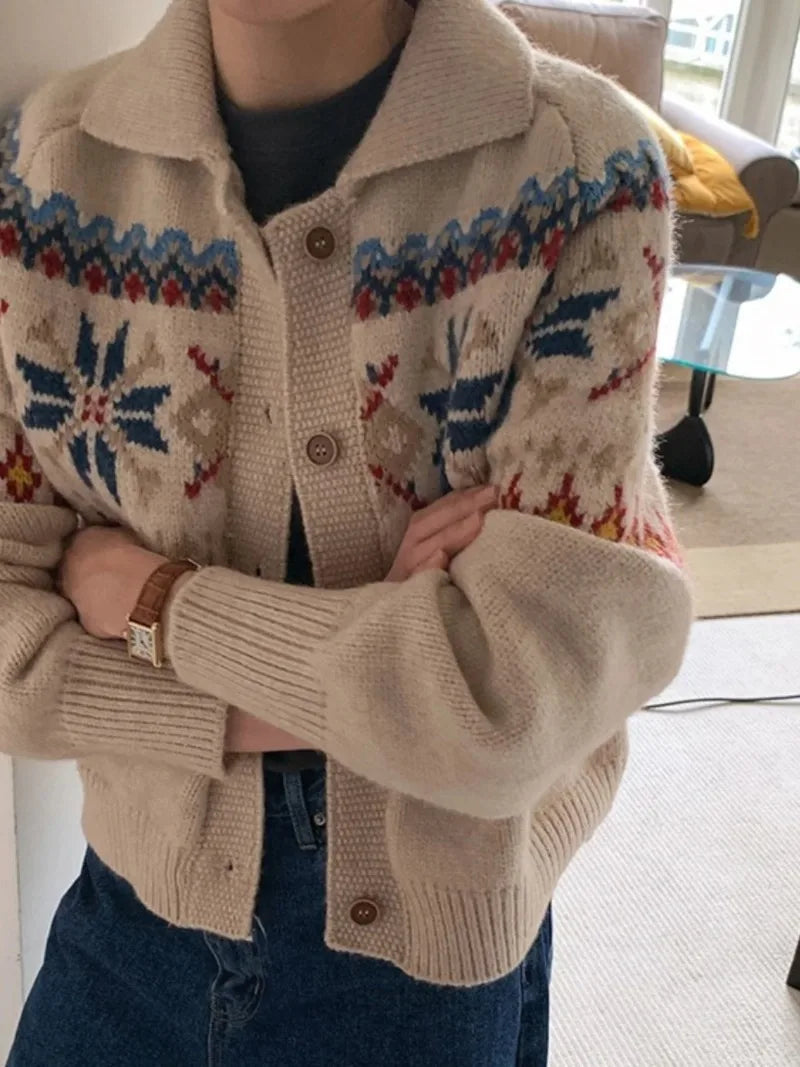 Vintage Jacquard Pattern Cardigan Turn Down Collar Outerwears 2024 Women Clothing Knitted Sweater Autumn Winter Cardigans