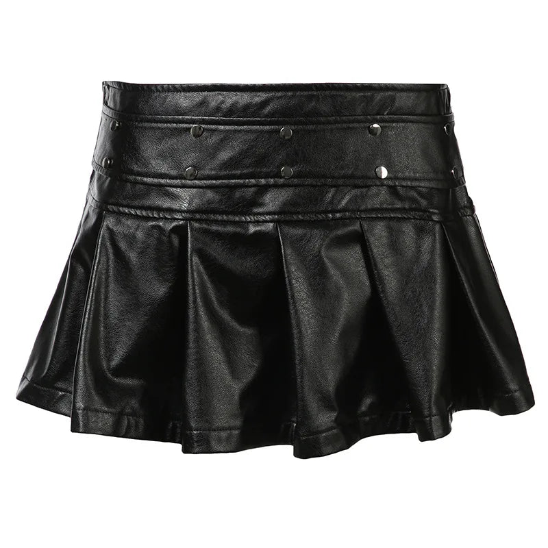 Punk Style Solid Pleated Leather Mini Skirt SA205