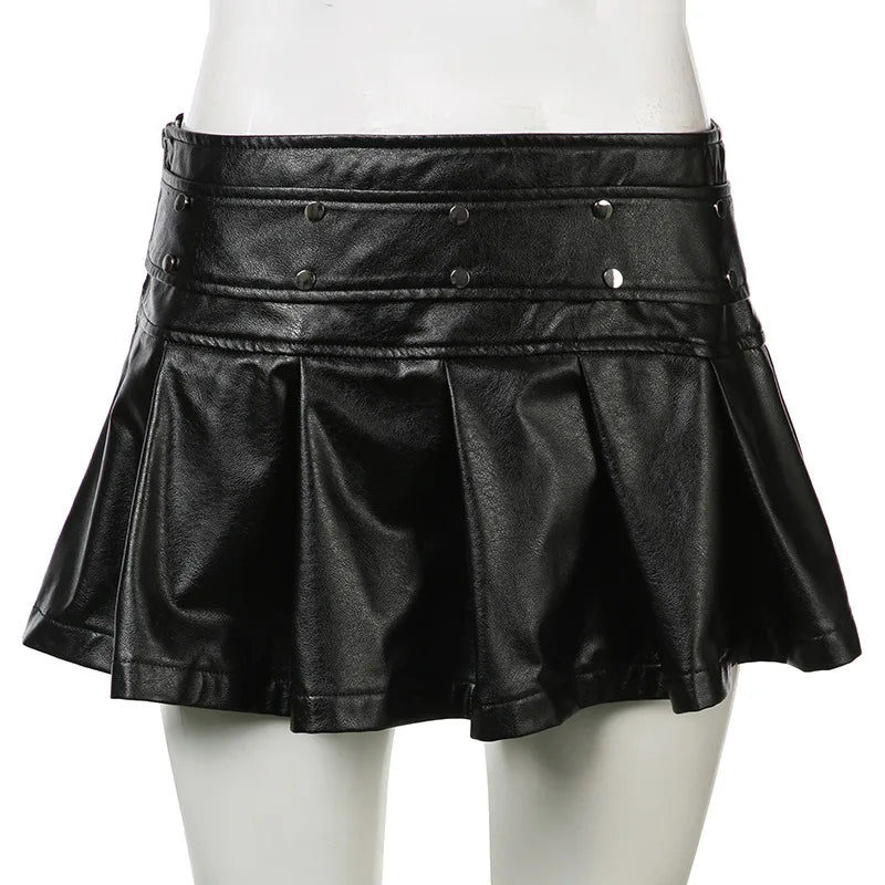 Punk Style Solid Pleated Leather Mini Skirt SA205