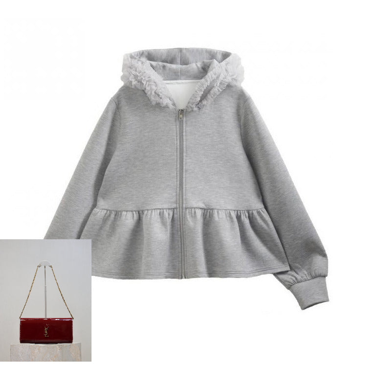 Ruffle Edge Mesh Stitching Hooded Sweater SA635