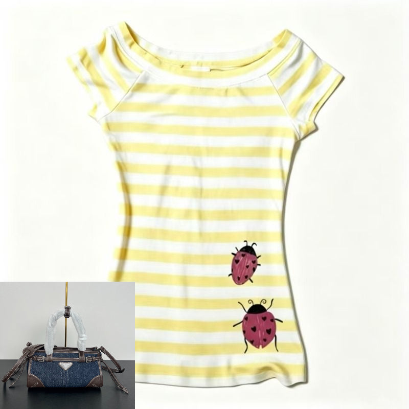 Women's Yellow White Striped Short Sleeves SAB063