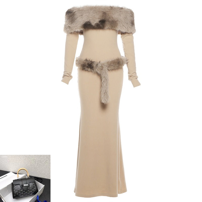 Slim Dress with A One-shoulder Patchwork Fur Collar SA532