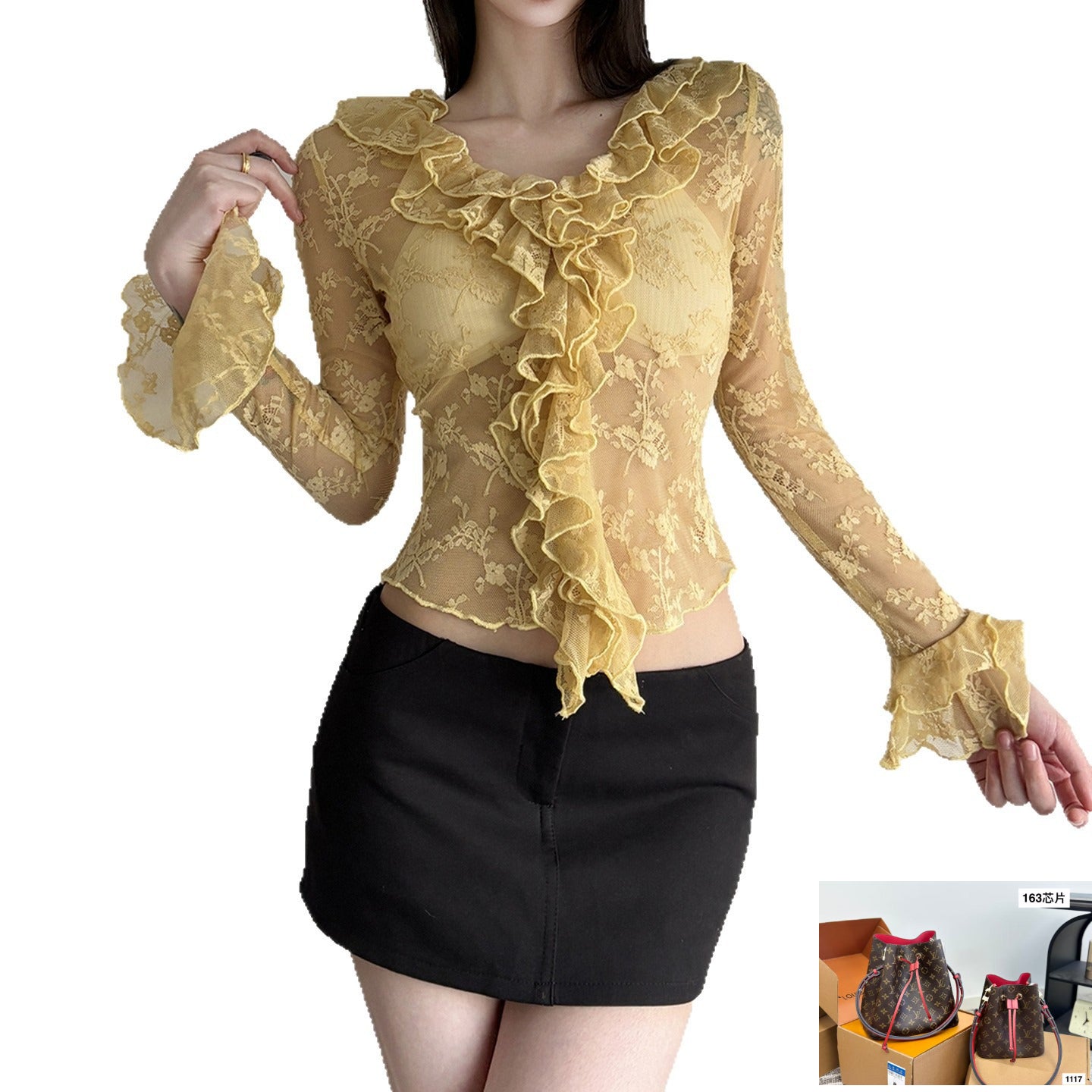 Lotus Leaf Neck See-Through Lace Shirt SA429