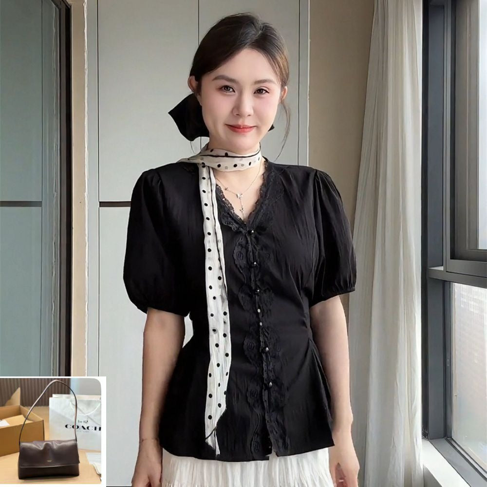 V-neck Short Sleeve Black Blouse SAB123/SAB124
