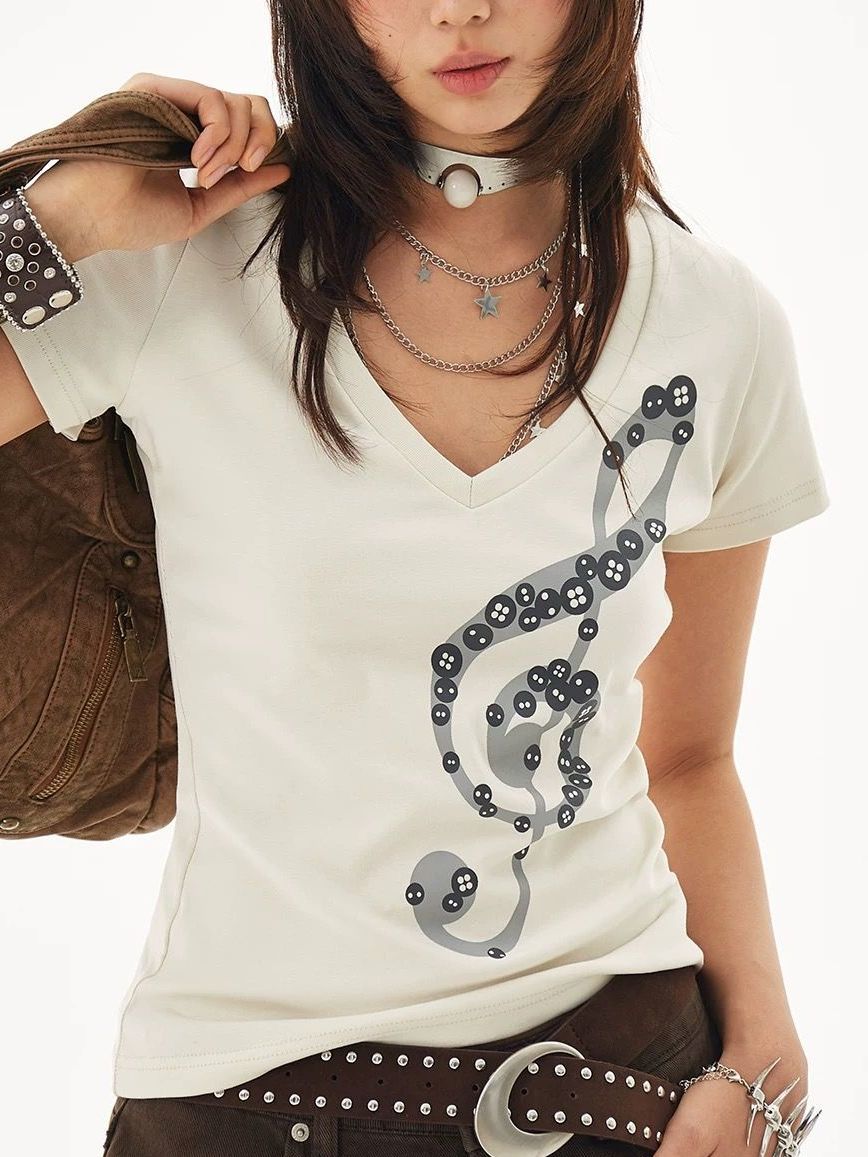 Musical Note Print V-neck Short-sleeved T SA890