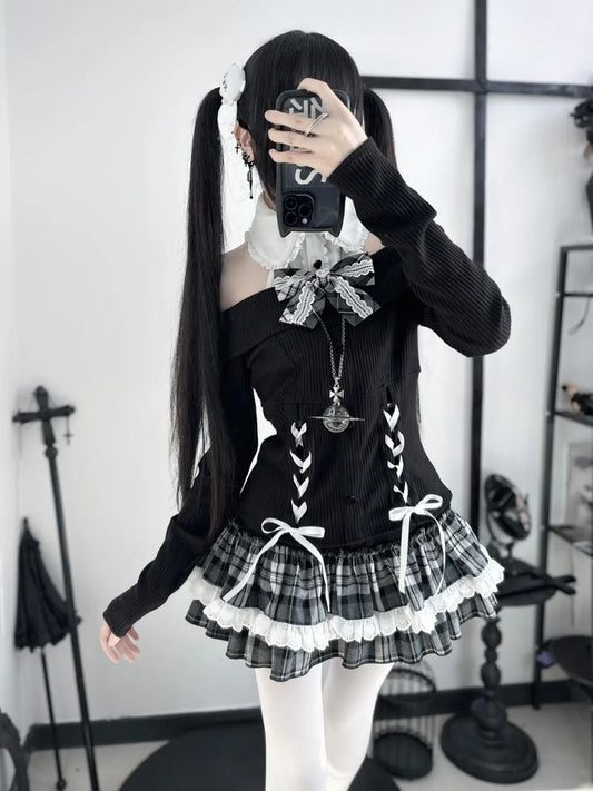 Off-the-shoulder Top + Plaid Skirt Suit  64H008 US