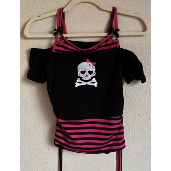 Striped Patchwork Off-shoulder Short-sleeved T-shirt US 64H007