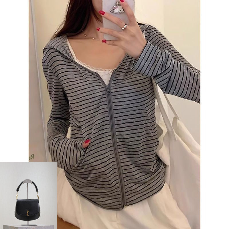 Hooded Striped Zip-up Long Sleeve T-shirt Top SA723
