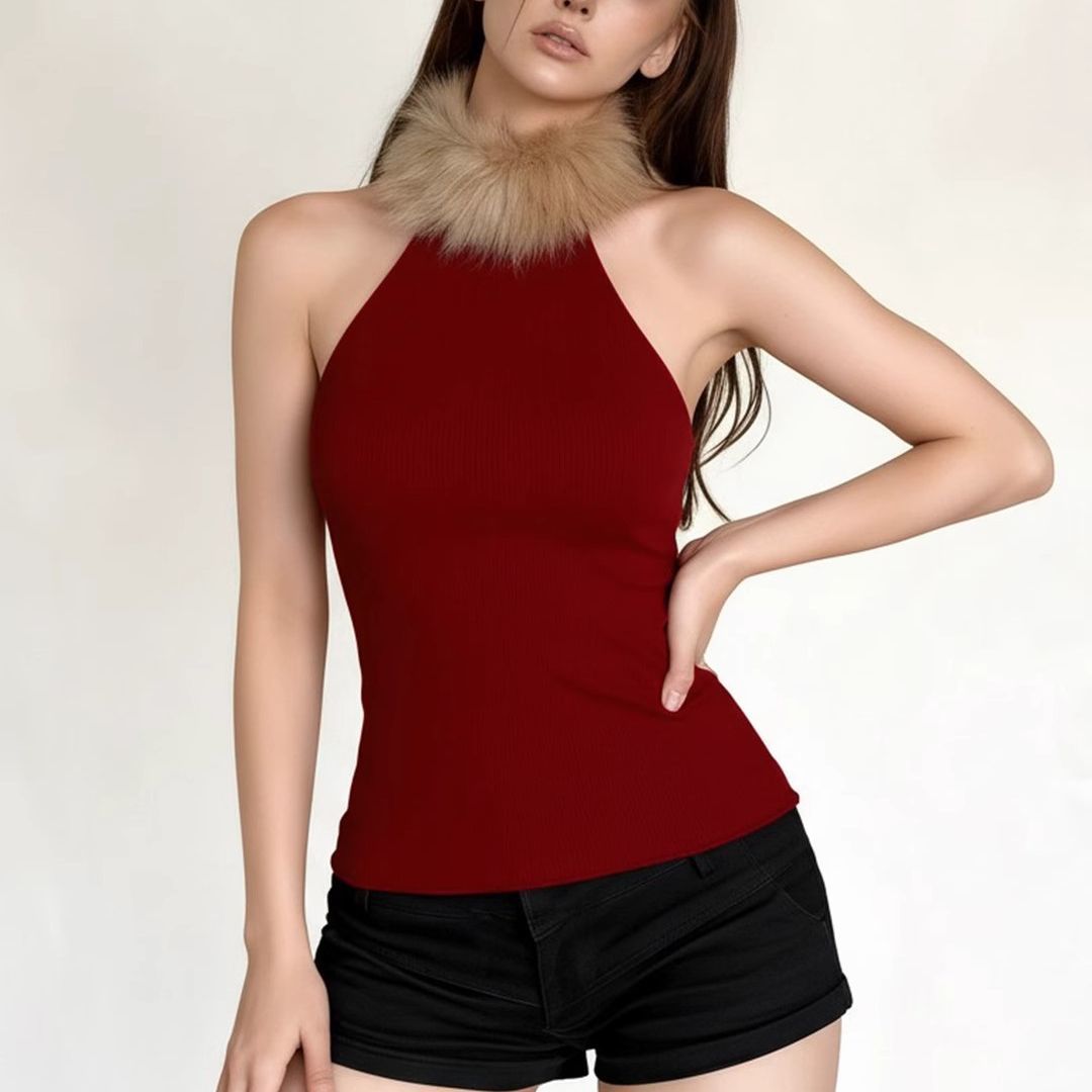 Red Fur Collar Patchwork Sleeveless Vest SAB224