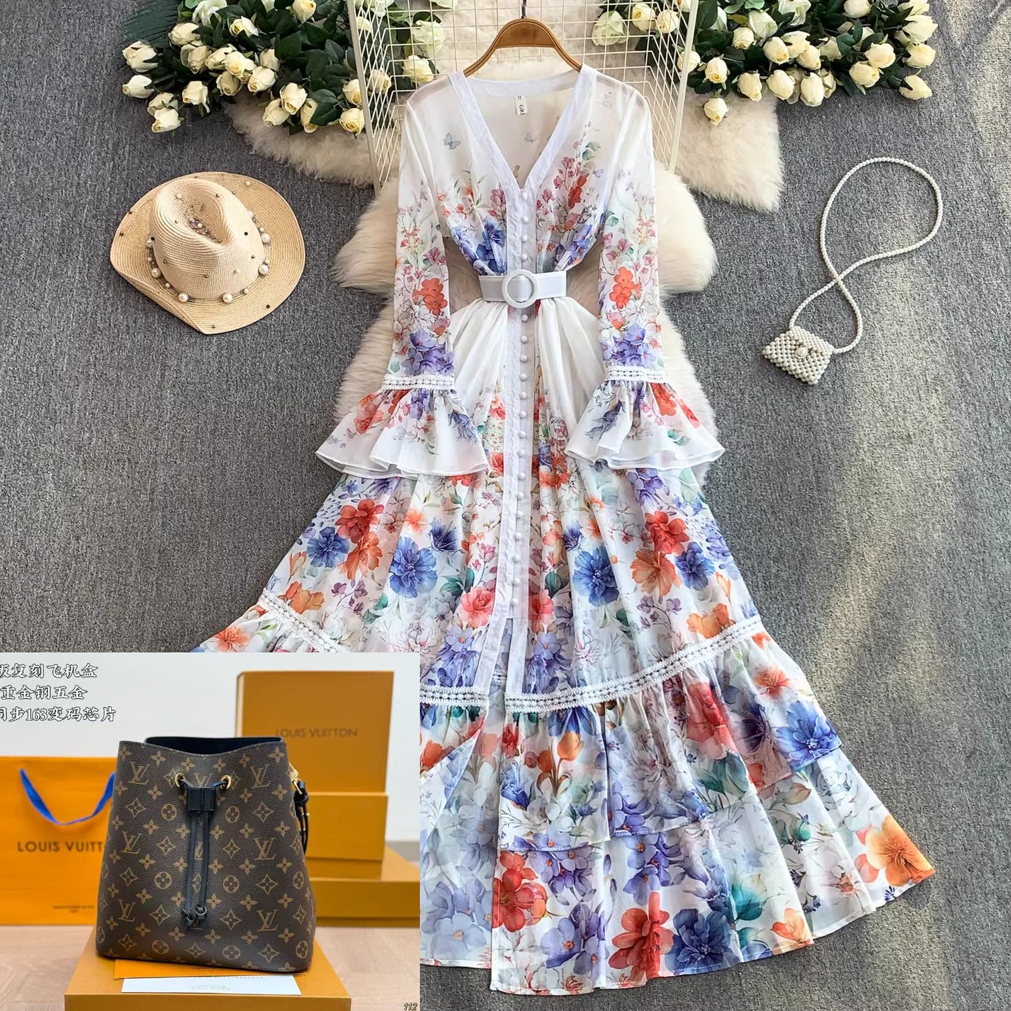 Printed Waist-cinching Ruffle Dress SA731