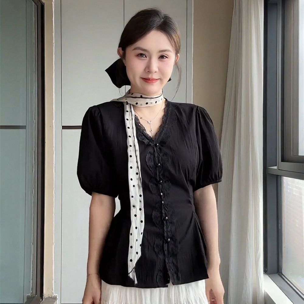 V-neck Short Sleeve Black Blouse SAB123/SAB124