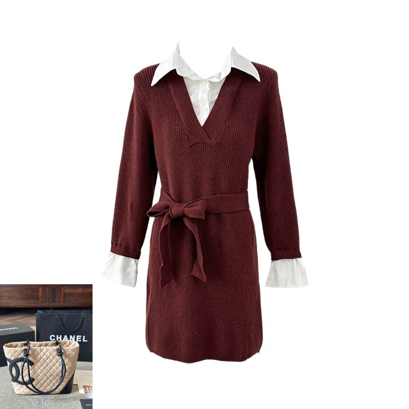 Collared Long-sleeve Knit Dress  SAB122