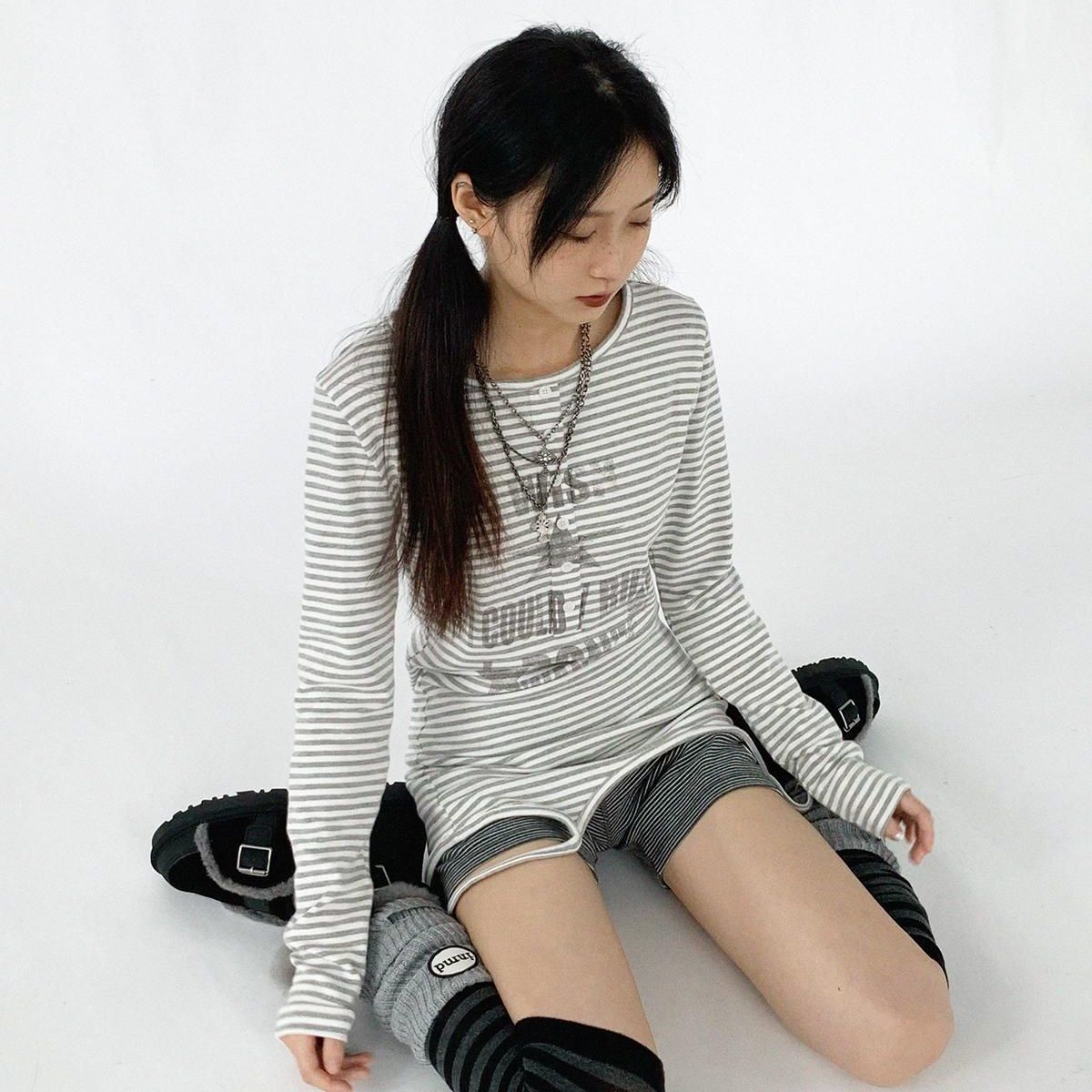 Striped Letter Print Star Long Sleeve T-Shirt SA661