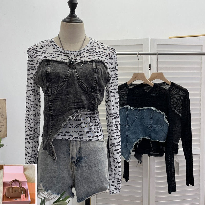 Letter Print Splicing Denim Long-sleeved T-shirt  SA466/SA467