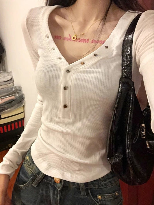 White V-neck Slim-fit Long Sleeve Top SA788