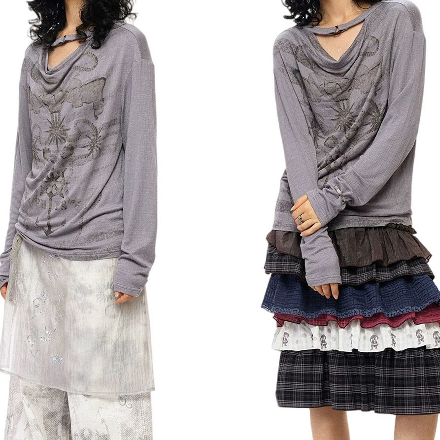 Gray Purple Long-sleeved T-shirt SA677