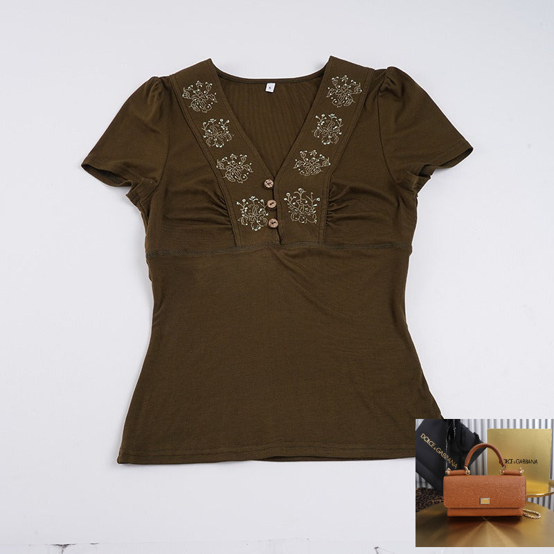 Printed V-neck Slim-fit Top SA853