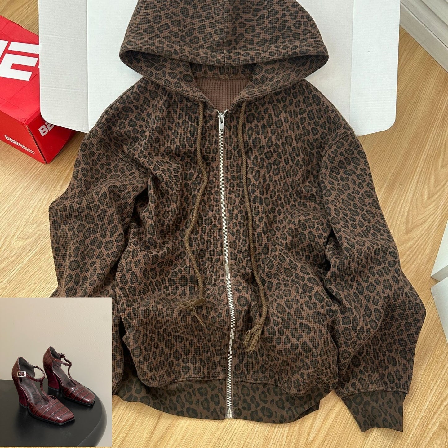 Hooded Zipper Leopard Print Casual Sweatshirt SA875