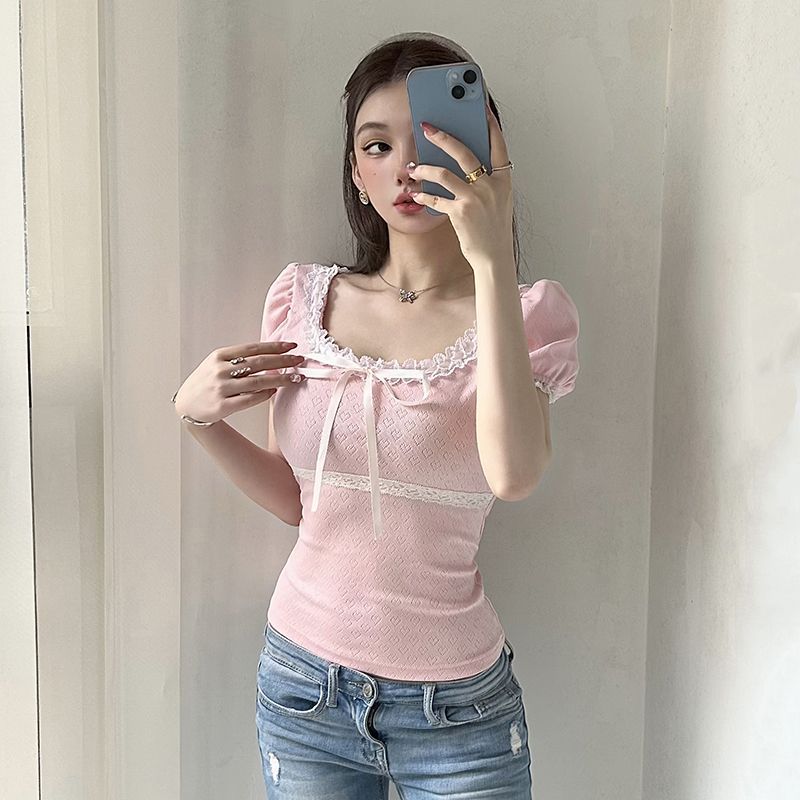 Bowknot Lace Cropped T-shirt US 64D144