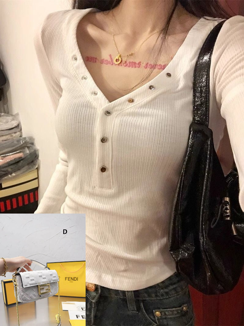 White V-neck Slim-fit Long Sleeve Top SA788