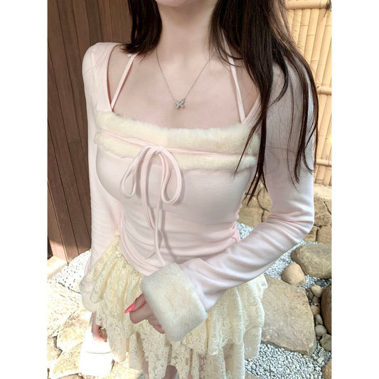 Fuzzy Patchwork Square Neck Long Sleeve T-shirt SAB229