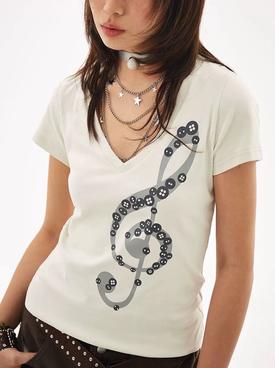 Musical Note Print V-neck Short-sleeved T SA890