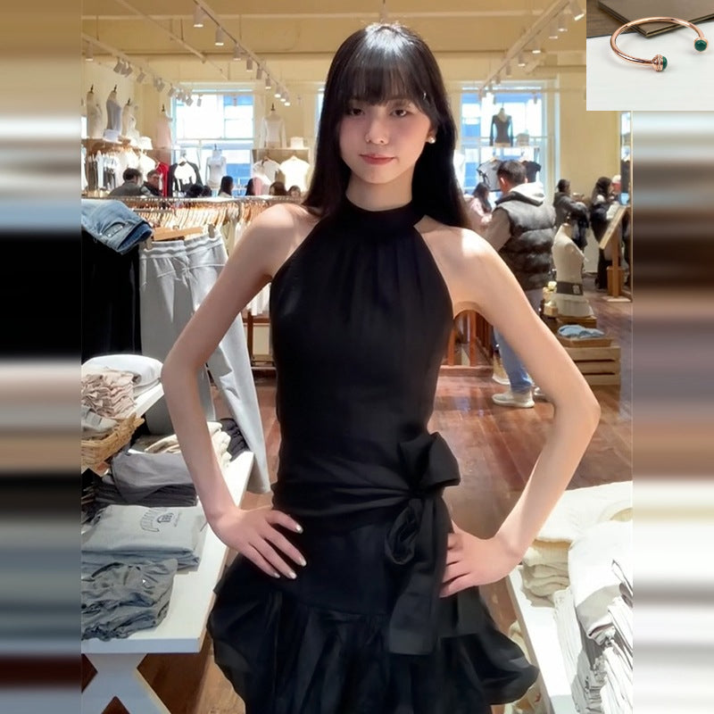 Bow Neck Black Dress SA371