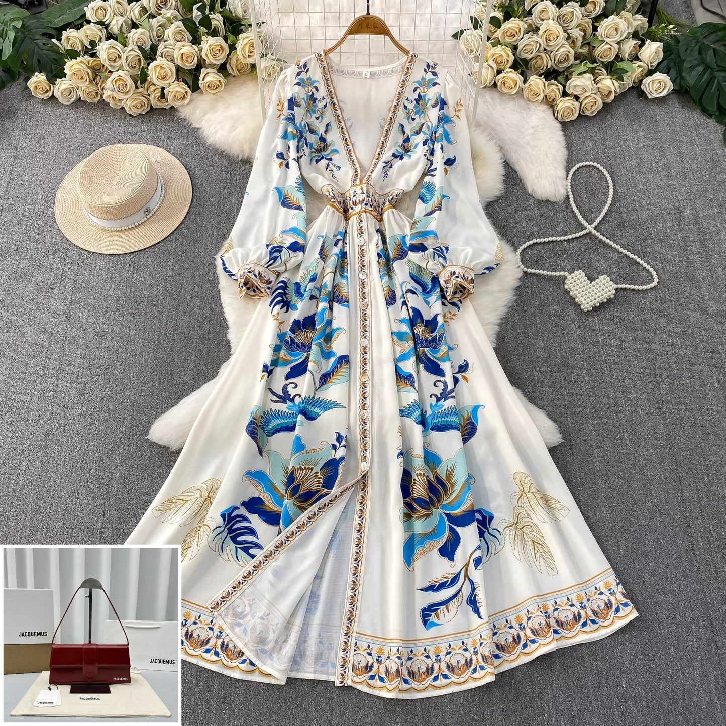 Deep V-neck Cardigan Long Dress SA756