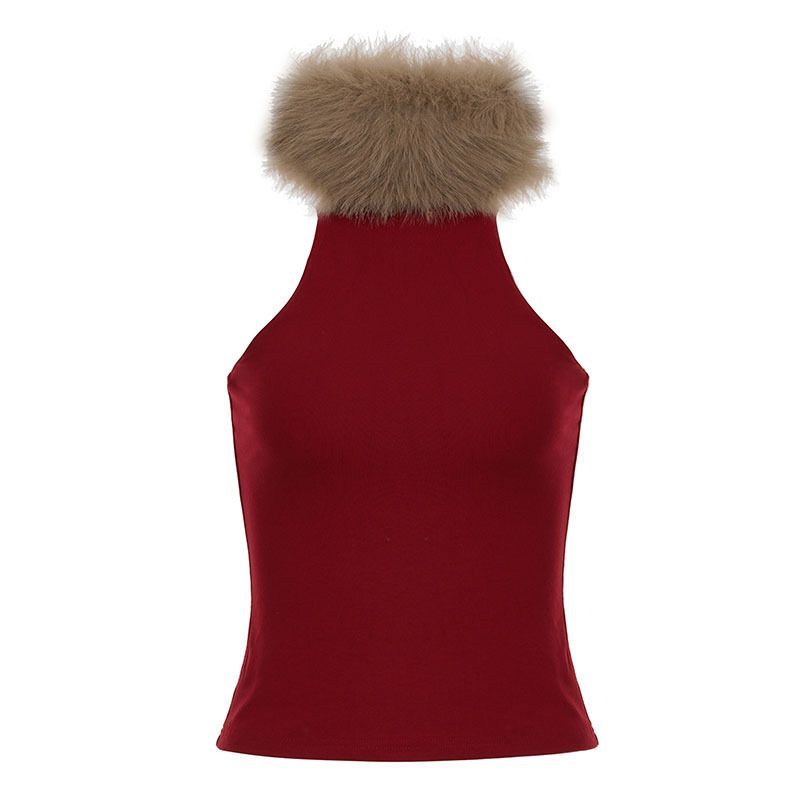 Red Fur Collar Patchwork Sleeveless Vest SAB224