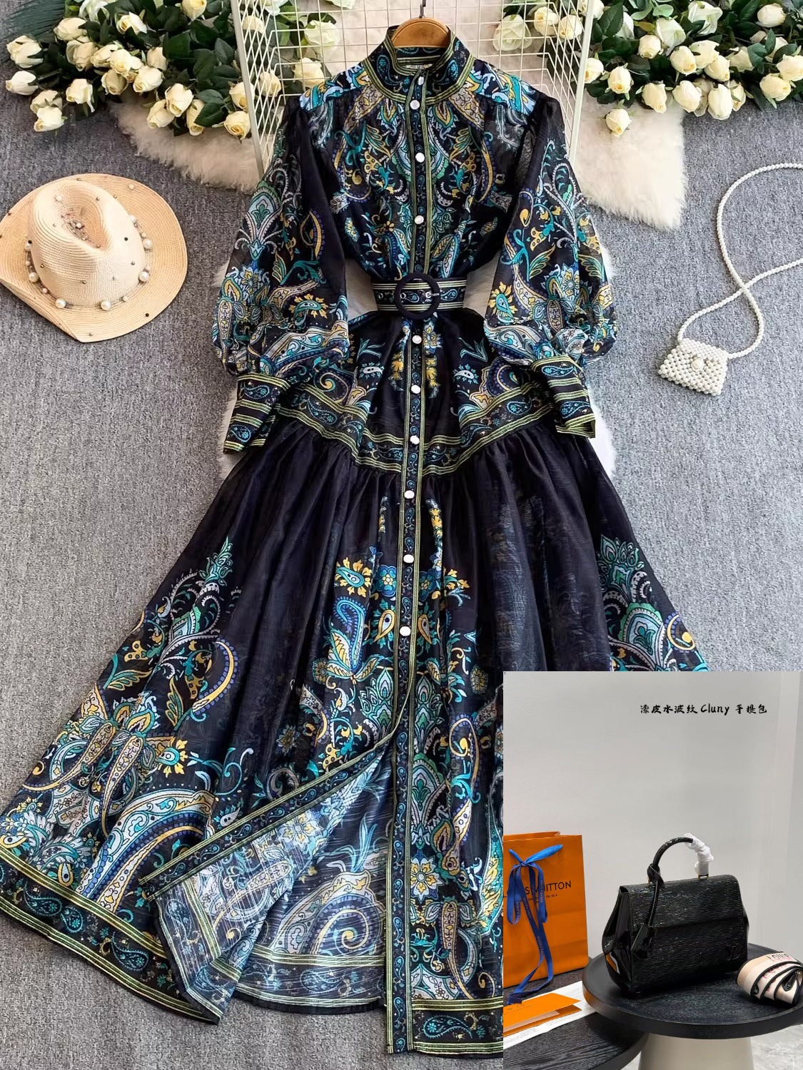 Women's Stand Collar Lantern Sleeve Dress SA755