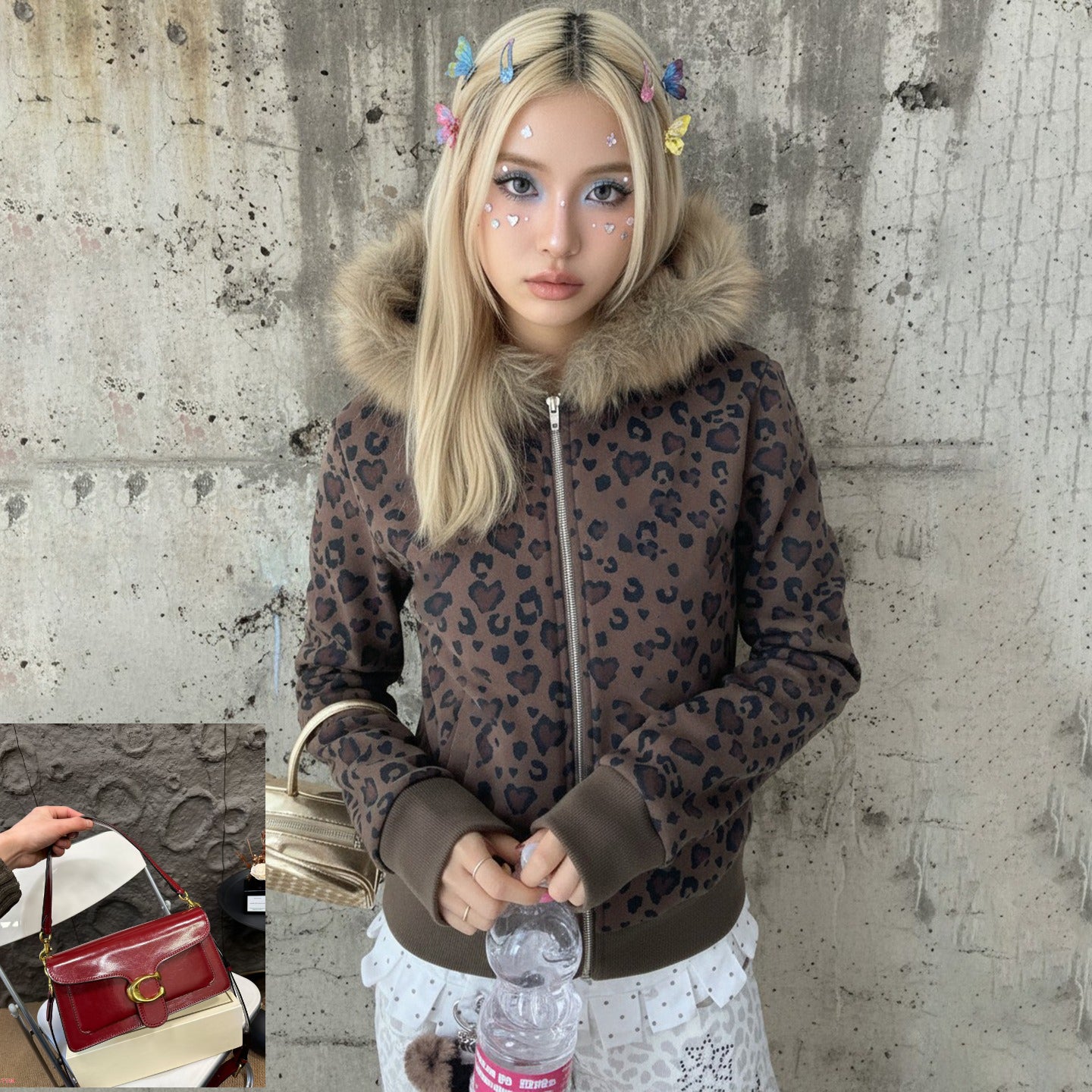 Leopard Print Fur Collar Zipper Sweater Women SA460