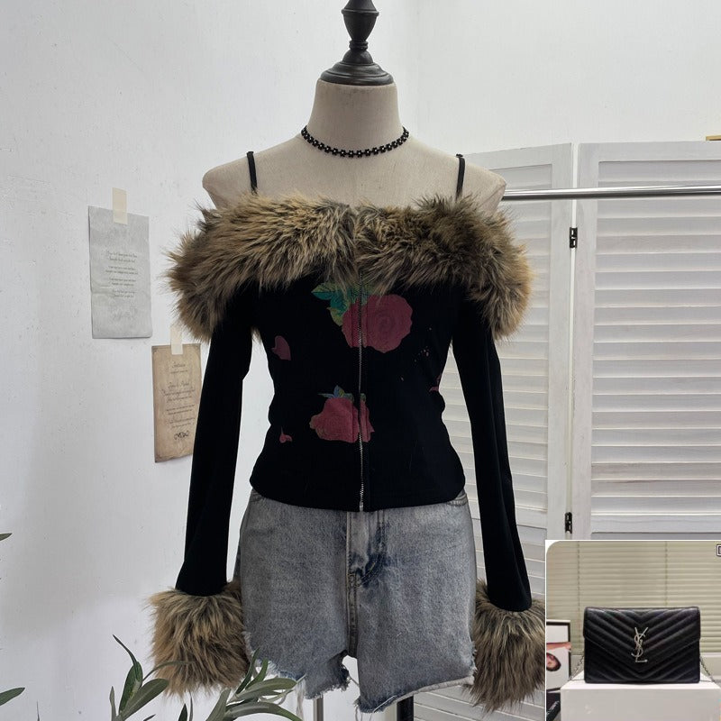 Long Sleeve T-Shirt Zip Cardigan Short Thin Velvet Top SA470