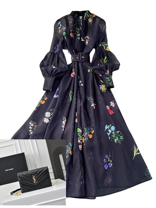 Stand Collar Lantern Sleeve Dress SA767